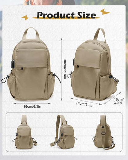 Small Black Sling Crossbody Backpack Shoulder Bag for Men Women, Lightweight One Strap Back Pack Sling Bag Backpack for Hiking Walking Biking Travel Cycling USB Charger Port-Nylon