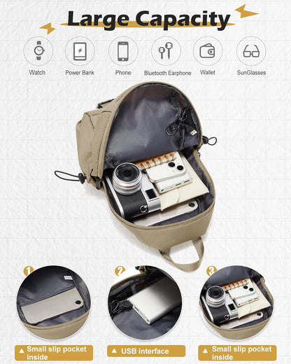 Small Black Sling Crossbody Backpack Shoulder Bag for Men Women, Lightweight One Strap Back Pack Sling Bag Backpack for Hiking Walking Biking Travel Cycling USB Charger Port-Nylon