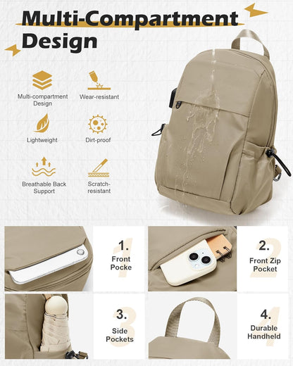 Small Black Sling Crossbody Backpack Shoulder Bag for Men Women, Lightweight One Strap Back Pack Sling Bag Backpack for Hiking Walking Biking Travel Cycling USB Charger Port-Nylon