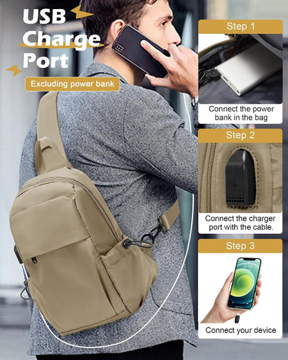 Small Black Sling Crossbody Backpack Shoulder Bag for Men Women, Lightweight One Strap Back Pack Sling Bag Backpack for Hiking Walking Biking Travel Cycling USB Charger Port-Nylon