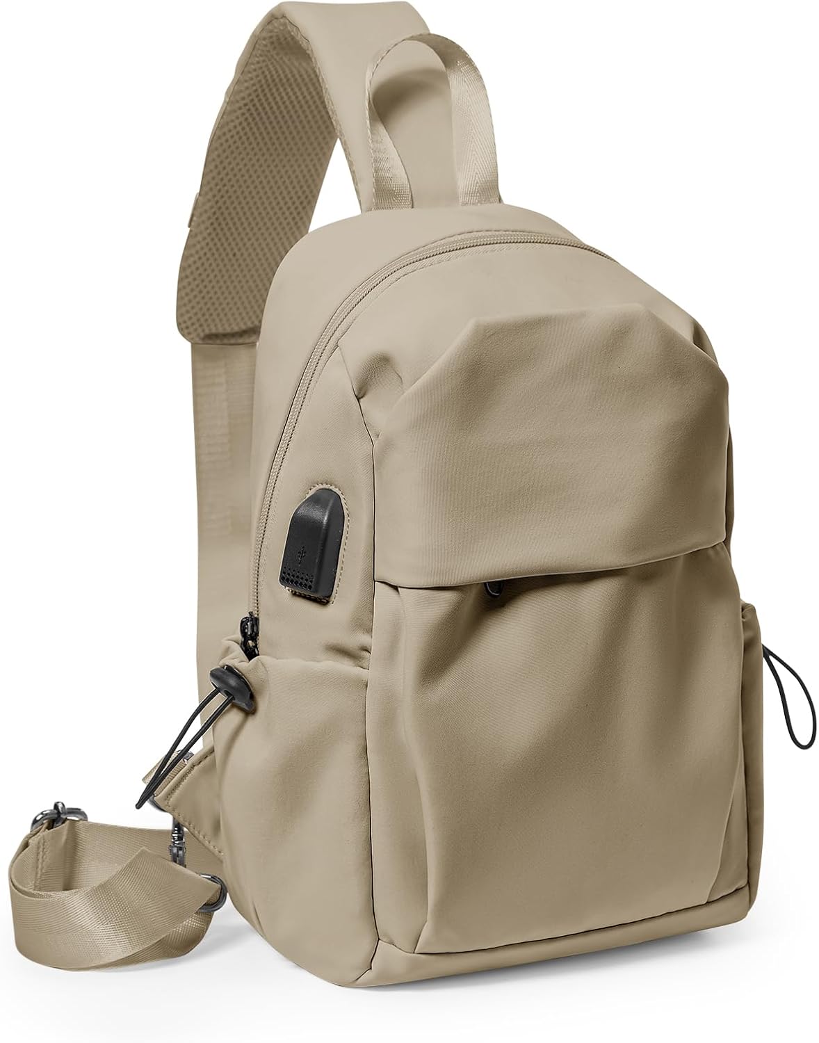 Small Black Sling Crossbody Backpack Shoulder Bag for Men Women, Lightweight One Strap Back Pack Sling Bag Backpack for Hiking Walking Biking Travel Cycling USB Charger Port-Nylon