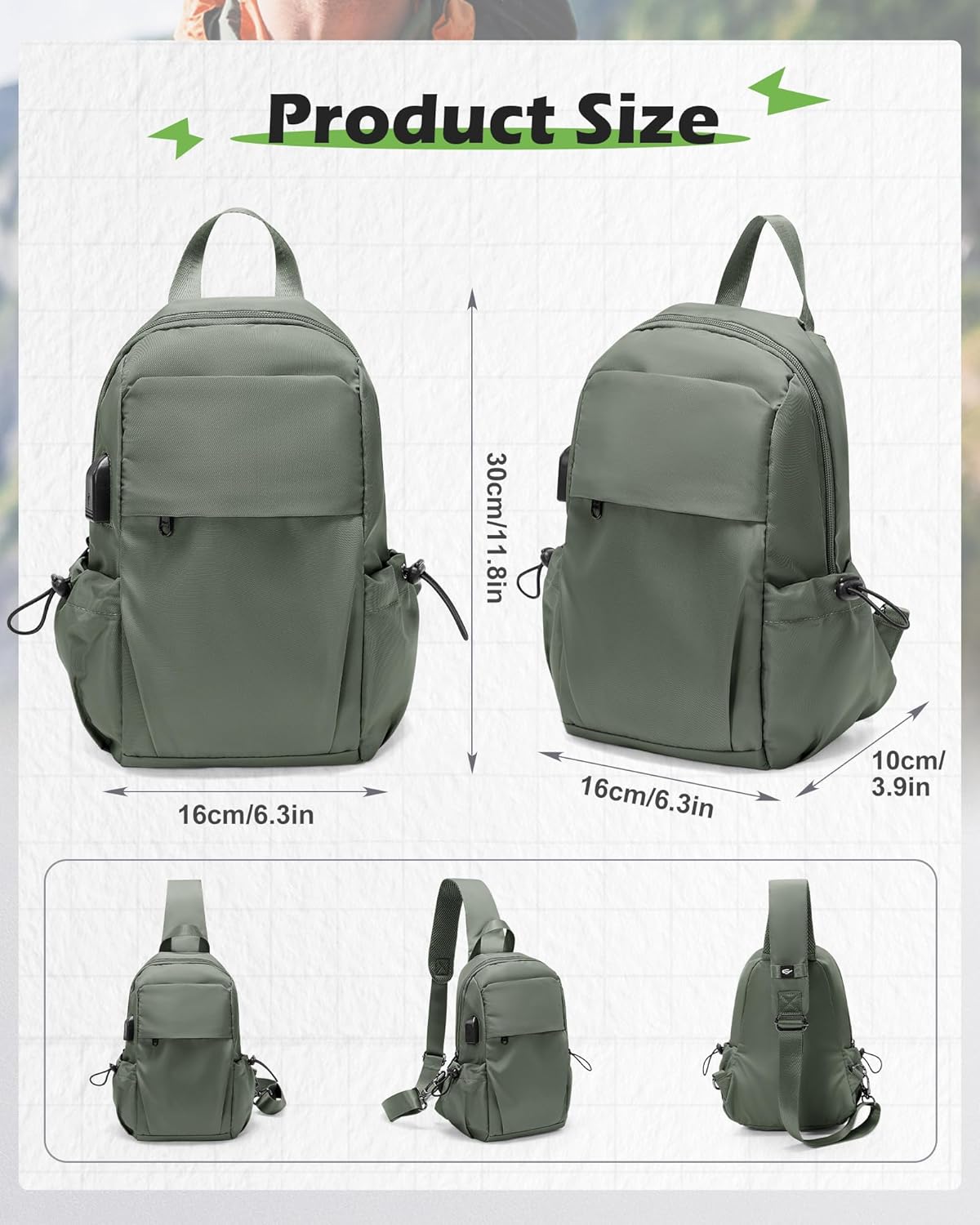 Small Black Sling Crossbody Backpack Shoulder Bag for Men Women, Lightweight One Strap Back Pack Sling Bag Backpack for Hiking Walking Biking Travel Cycling USB Charger Port-Nylon