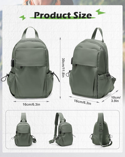 Small Black Sling Crossbody Backpack Shoulder Bag for Men Women, Lightweight One Strap Back Pack Sling Bag Backpack for Hiking Walking Biking Travel Cycling USB Charger Port-Nylon