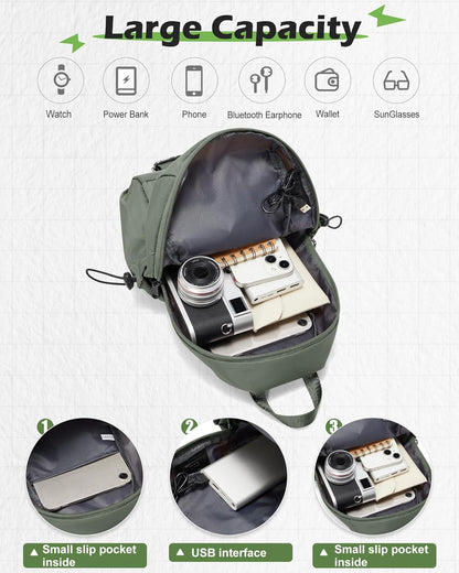 Small Black Sling Crossbody Backpack Shoulder Bag for Men Women, Lightweight One Strap Back Pack Sling Bag Backpack for Hiking Walking Biking Travel Cycling USB Charger Port-Nylon