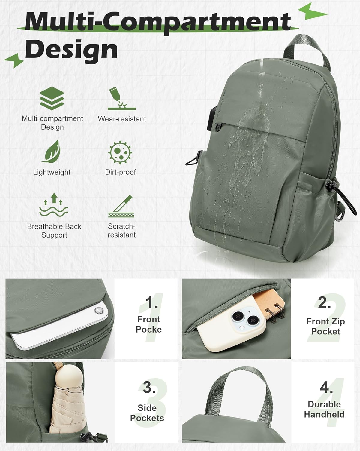 Small Black Sling Crossbody Backpack Shoulder Bag for Men Women, Lightweight One Strap Back Pack Sling Bag Backpack for Hiking Walking Biking Travel Cycling USB Charger Port-Nylon