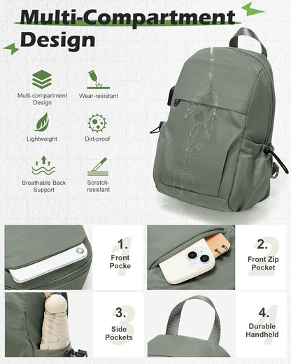 Small Black Sling Crossbody Backpack Shoulder Bag for Men Women, Lightweight One Strap Back Pack Sling Bag Backpack for Hiking Walking Biking Travel Cycling USB Charger Port-Nylon