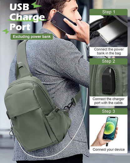Small Black Sling Crossbody Backpack Shoulder Bag for Men Women, Lightweight One Strap Back Pack Sling Bag Backpack for Hiking Walking Biking Travel Cycling USB Charger Port-Nylon