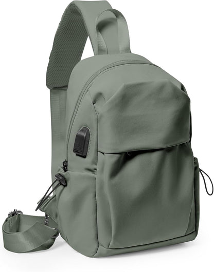 Small Black Sling Crossbody Backpack Shoulder Bag for Men Women, Lightweight One Strap Back Pack Sling Bag Backpack for Hiking Walking Biking Travel Cycling USB Charger Port-Nylon