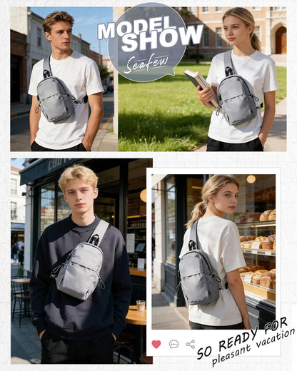 Small Black Sling Crossbody Backpack Shoulder Bag for Men Women, Lightweight One Strap Back Pack Sling Bag Backpack for Hiking Walking Biking Travel Cycling USB Charger Port-Nylon