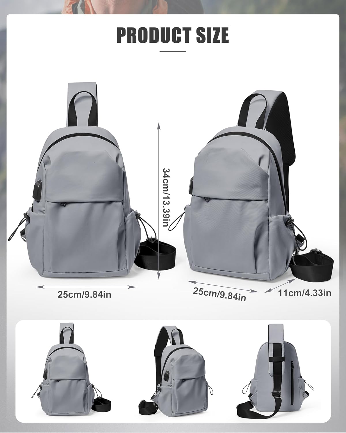 Small Black Sling Crossbody Backpack Shoulder Bag for Men Women, Lightweight One Strap Back Pack Sling Bag Backpack for Hiking Walking Biking Travel Cycling USB Charger Port-Nylon