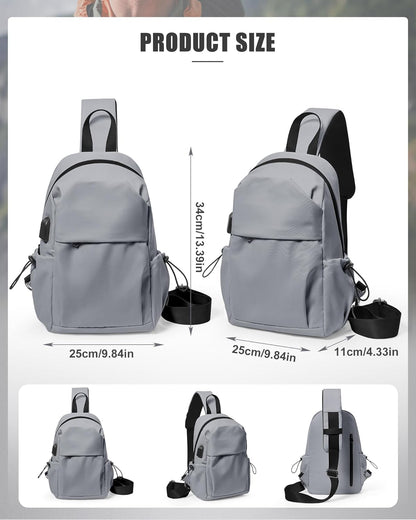 Small Black Sling Crossbody Backpack Shoulder Bag for Men Women, Lightweight One Strap Back Pack Sling Bag Backpack for Hiking Walking Biking Travel Cycling USB Charger Port-Nylon