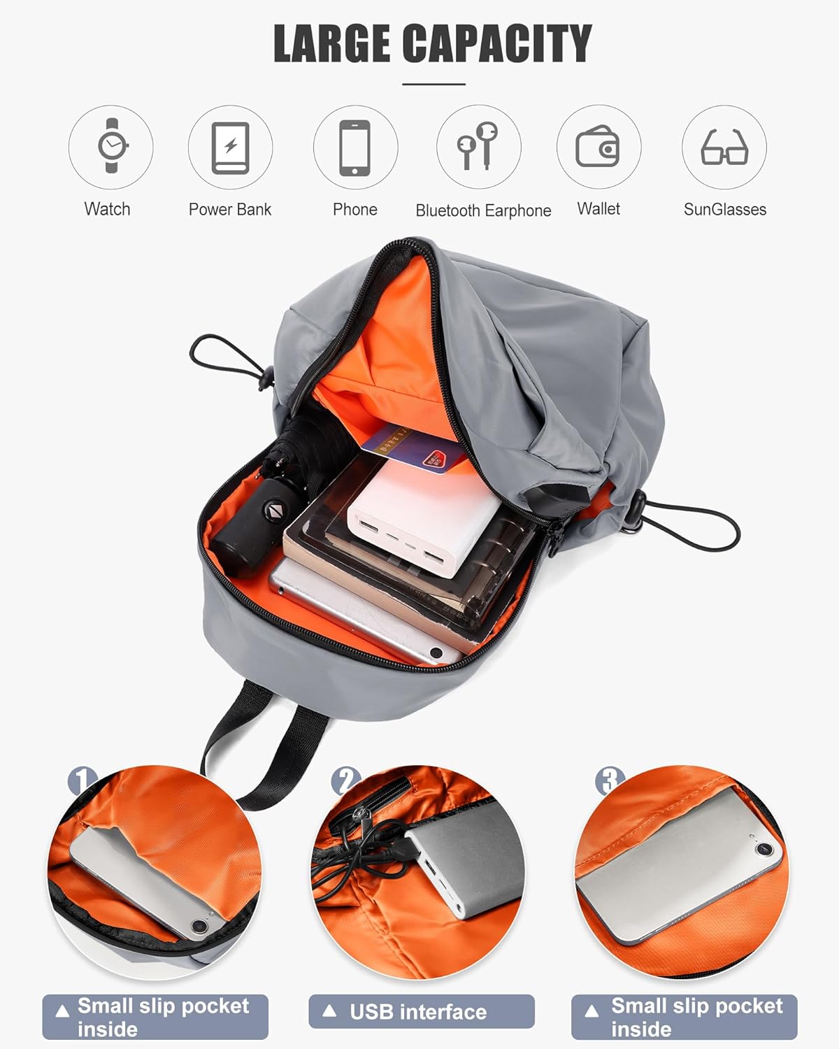 Small Black Sling Crossbody Backpack Shoulder Bag for Men Women, Lightweight One Strap Back Pack Sling Bag Backpack for Hiking Walking Biking Travel Cycling USB Charger Port-Nylon