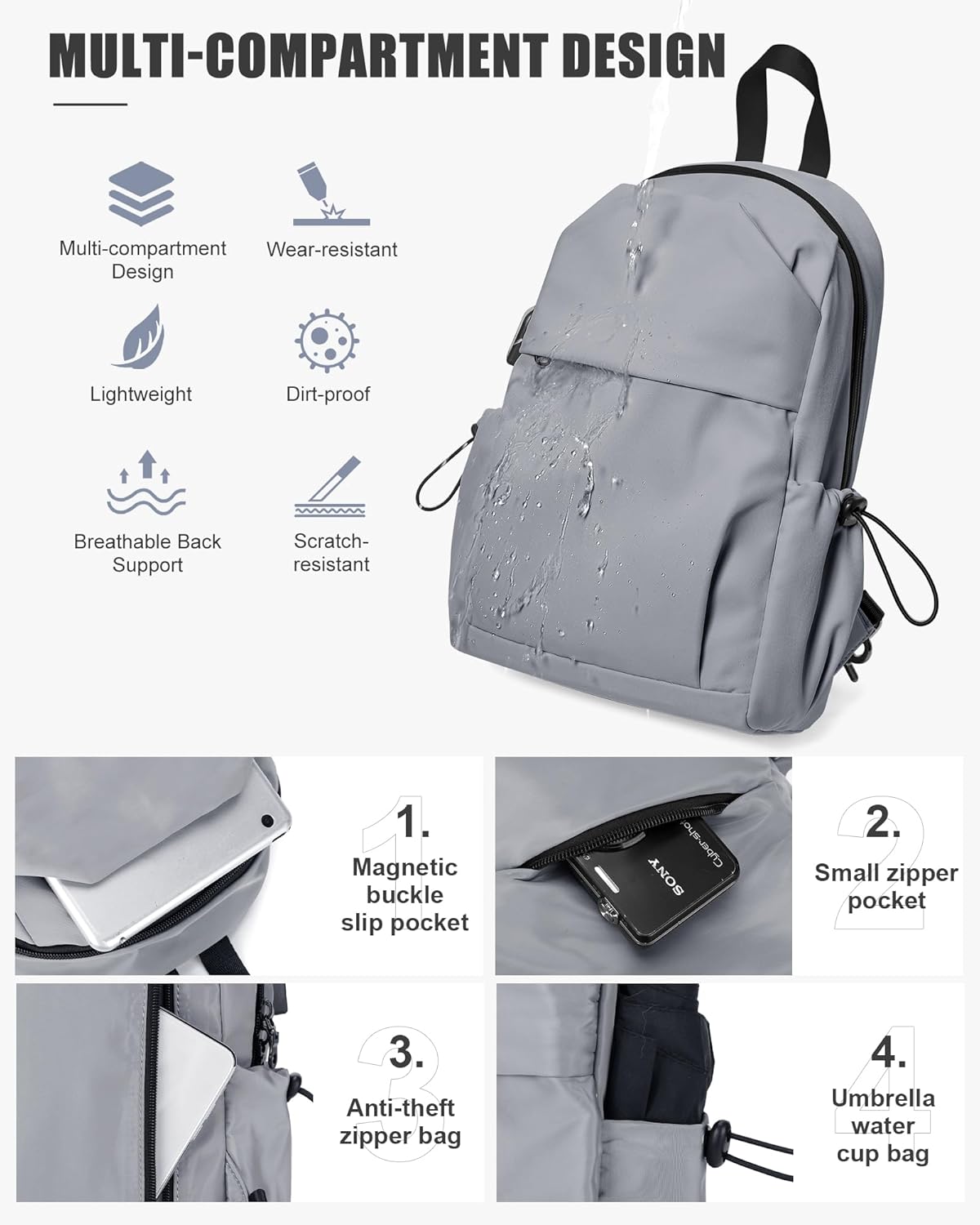 Small Black Sling Crossbody Backpack Shoulder Bag for Men Women, Lightweight One Strap Back Pack Sling Bag Backpack for Hiking Walking Biking Travel Cycling USB Charger Port-Nylon