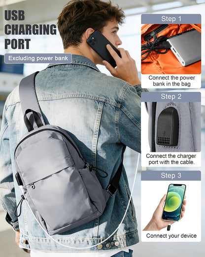 Small Black Sling Crossbody Backpack Shoulder Bag for Men Women, Lightweight One Strap Back Pack Sling Bag Backpack for Hiking Walking Biking Travel Cycling USB Charger Port-Nylon