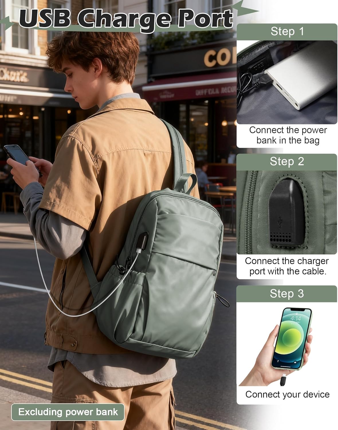 Small Black Sling Crossbody Backpack Shoulder Bag for Men Women, Lightweight One Strap Back Pack Sling Bag Backpack for Hiking Walking Biking Travel Cycling USB Charger Port-Nylon