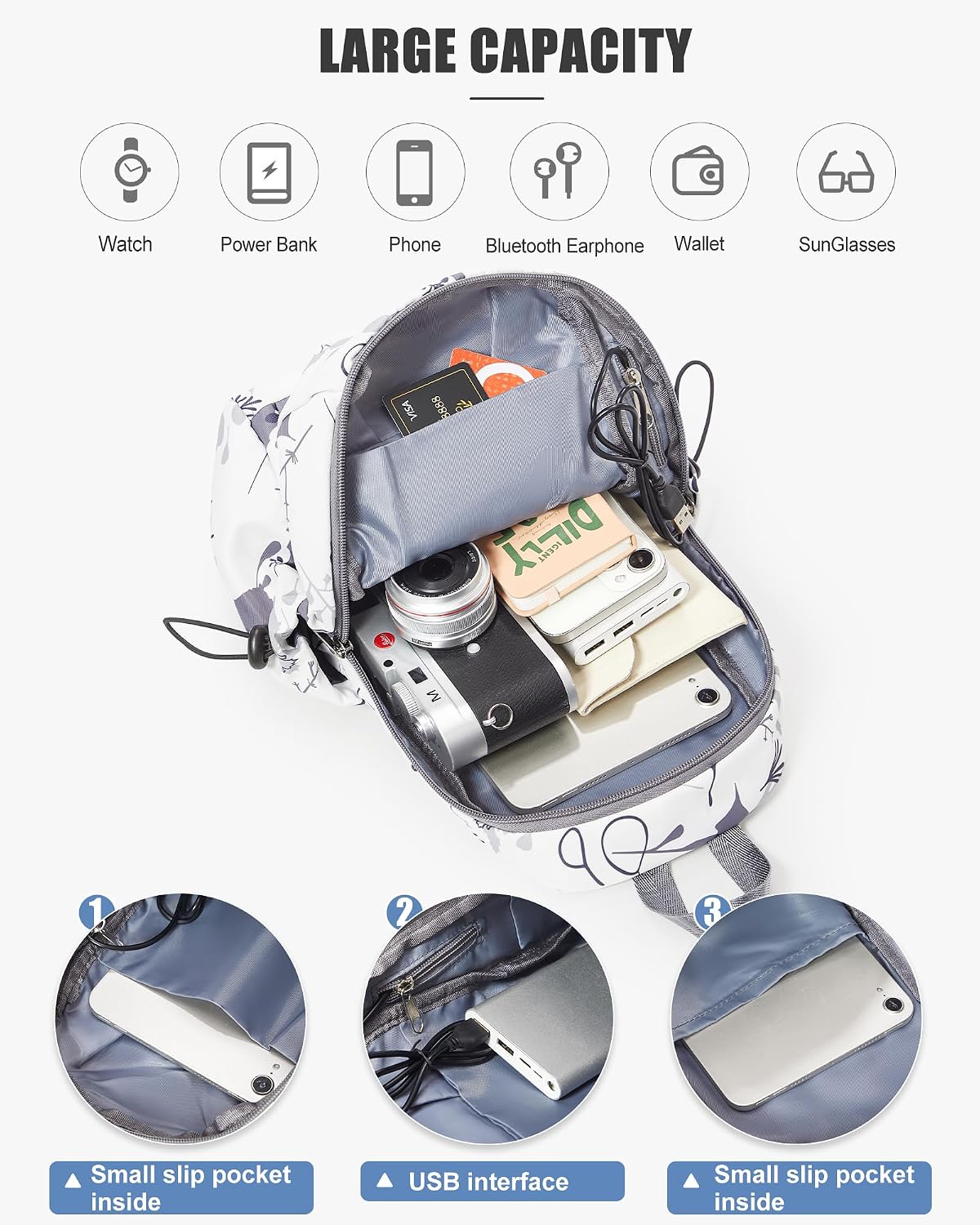 Small Black Sling Crossbody Backpack Shoulder Bag for Men Women, Lightweight One Strap Back Pack Sling Bag Backpack for Hiking Walking Biking Travel Cycling USB Charger Port-Nylon