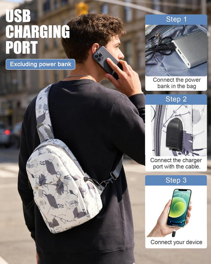 Small Black Sling Crossbody Backpack Shoulder Bag for Men Women, Lightweight One Strap Back Pack Sling Bag Backpack for Hiking Walking Biking Travel Cycling USB Charger Port-Nylon