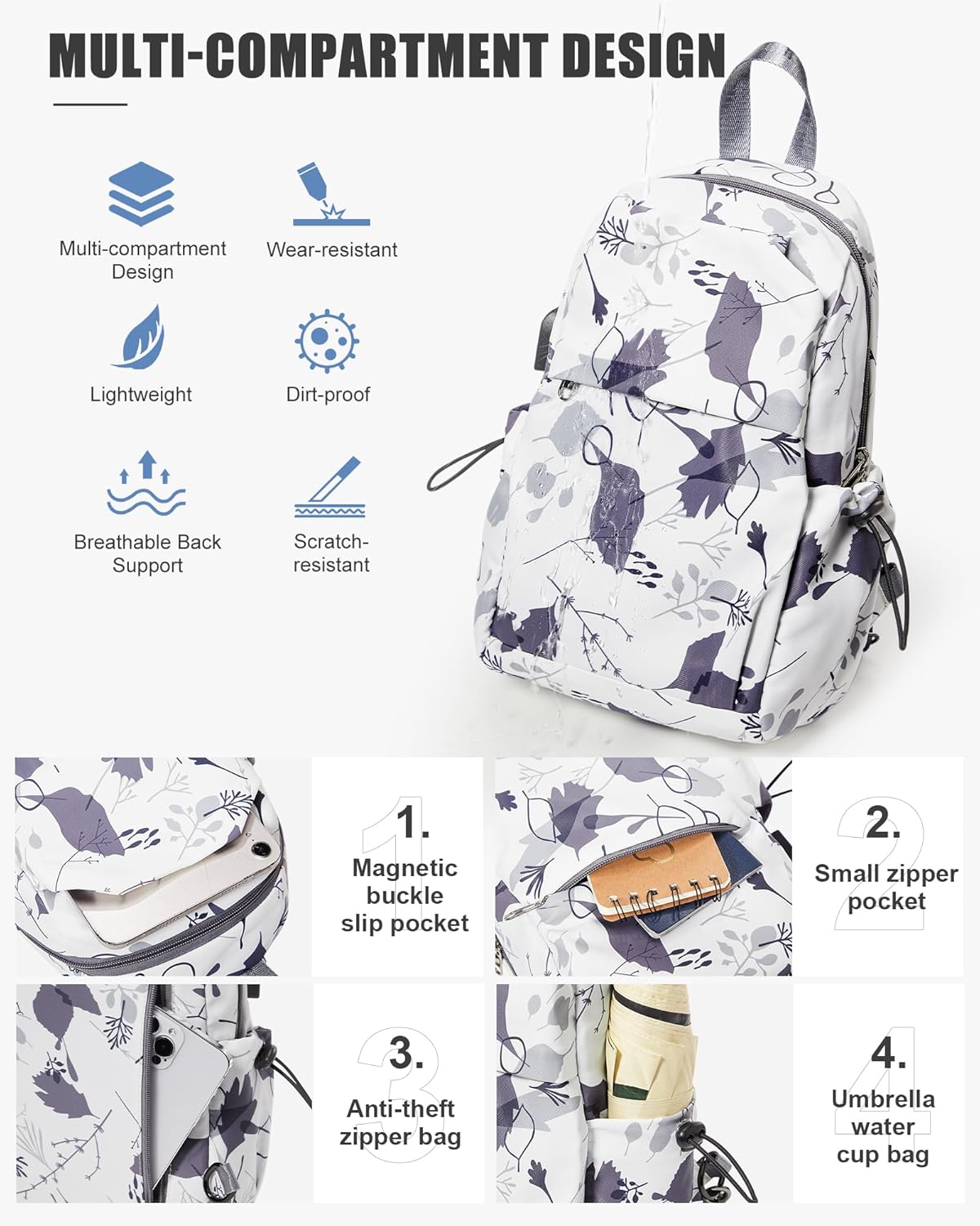Small Black Sling Crossbody Backpack Shoulder Bag for Men Women, Lightweight One Strap Back Pack Sling Bag Backpack for Hiking Walking Biking Travel Cycling USB Charger Port-Nylon