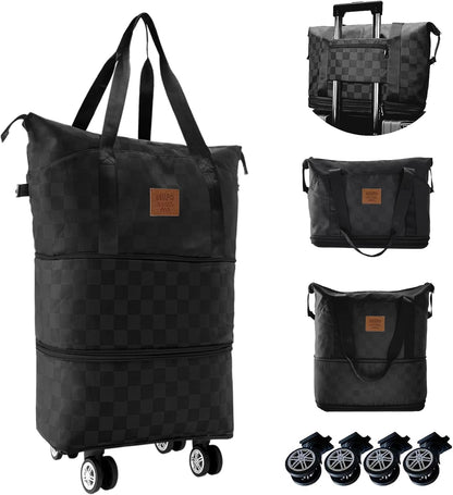 Travel Duffle Bag with Wheels, 28-58L Expandable & Foldable Duffel Bag - Lightweight, Durable, Carry-On Luggage for Gym, Camping, Business Trip for Men & Women (Black)
