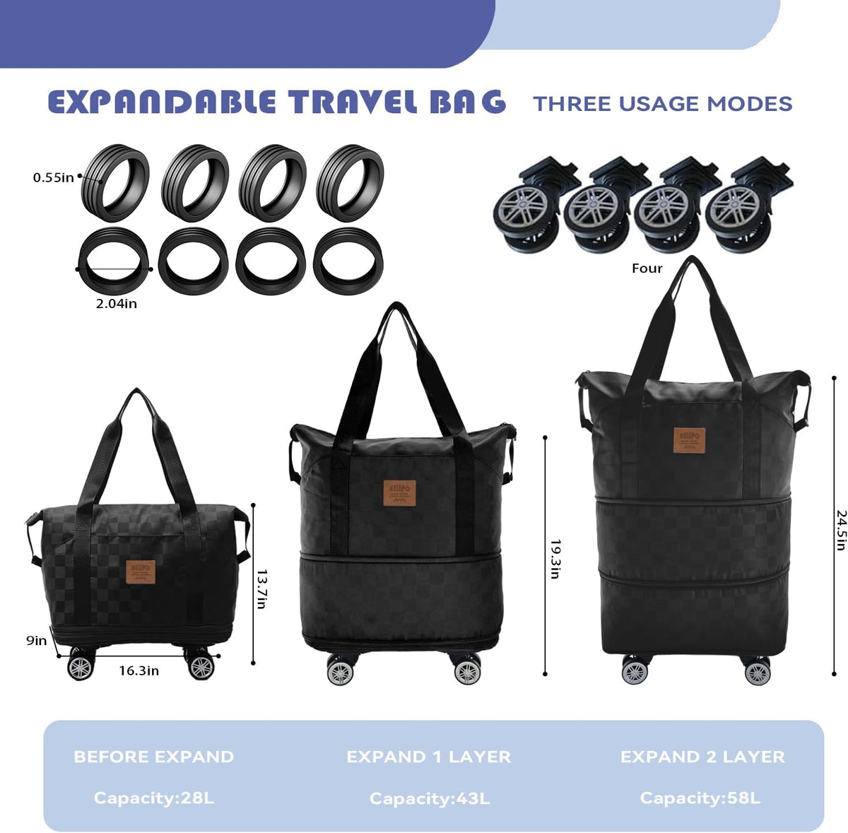 Travel Duffle Bag with Wheels, 28-58L Expandable & Foldable Duffel Bag - Lightweight, Durable, Carry-On Luggage for Gym, Camping, Business Trip for Men & Women (Black)