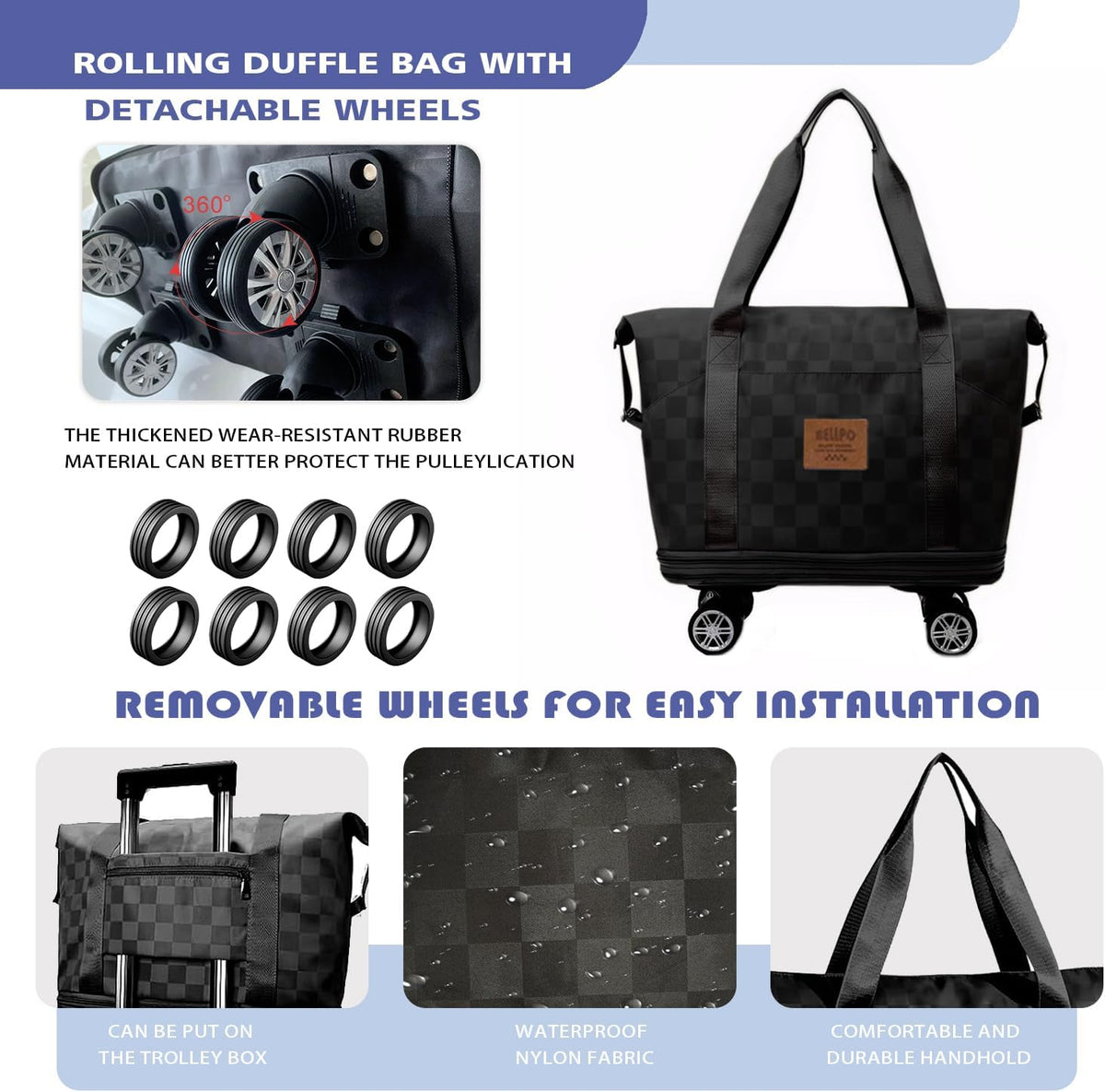 Travel Duffle Bag with Wheels, 28-58L Expandable & Foldable Duffel Bag - Lightweight, Durable, Carry-On Luggage for Gym, Camping, Business Trip for Men & Women (Black)