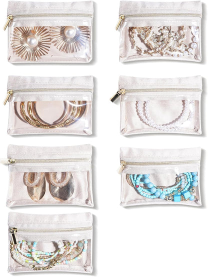 8 in 1 Travel Jewelry Case with Velvet Pouches, Clear Window Travel Jewelry Organizer Bags for Earrings, Bracelets, Necklaces and Rings, Compact Jewelry Storage for Women Girls- Black, 7PCS