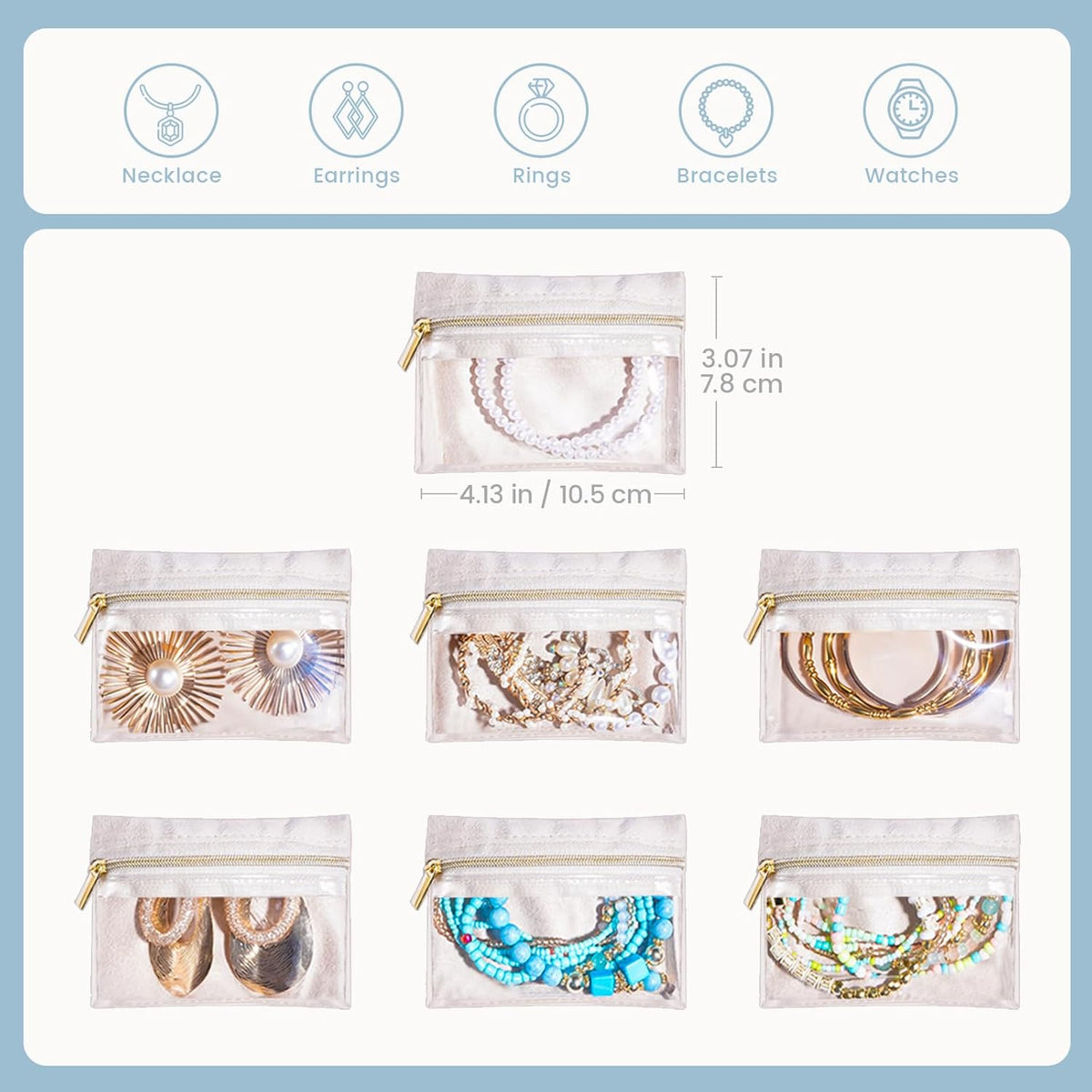 8 in 1 Travel Jewelry Case with Velvet Pouches, Clear Window Travel Jewelry Organizer Bags for Earrings, Bracelets, Necklaces and Rings, Compact Jewelry Storage for Women Girls- Black, 7PCS