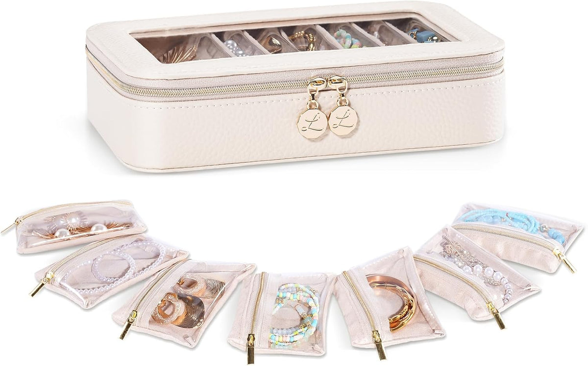 8 in 1 Travel Jewelry Case with Velvet Pouches, Clear Window Travel Jewelry Organizer Bags for Earrings, Bracelets, Necklaces and Rings, Compact Jewelry Storage for Women Girls- Black, 7PCS