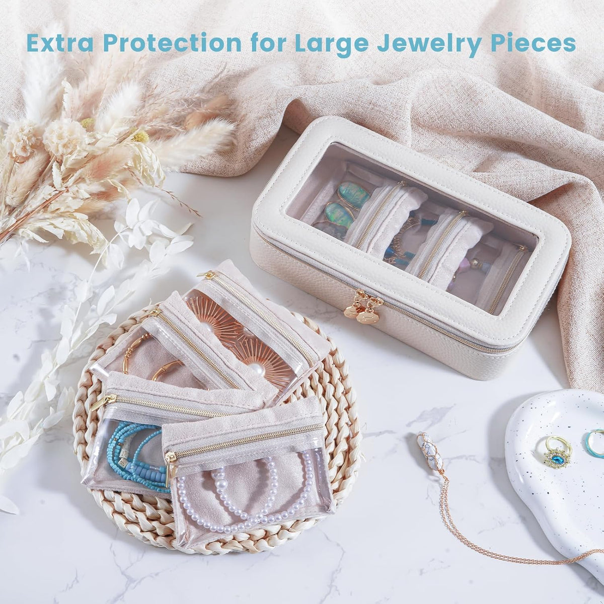 8 in 1 Travel Jewelry Case with Velvet Pouches, Clear Window Travel Jewelry Organizer Bags for Earrings, Bracelets, Necklaces and Rings, Compact Jewelry Storage for Women Girls- Black, 7PCS