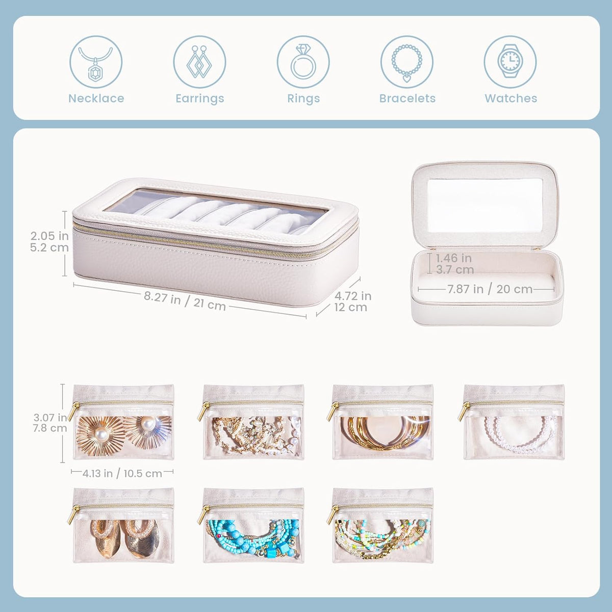 8 in 1 Travel Jewelry Case with Velvet Pouches, Clear Window Travel Jewelry Organizer Bags for Earrings, Bracelets, Necklaces and Rings, Compact Jewelry Storage for Women Girls- Black, 7PCS
