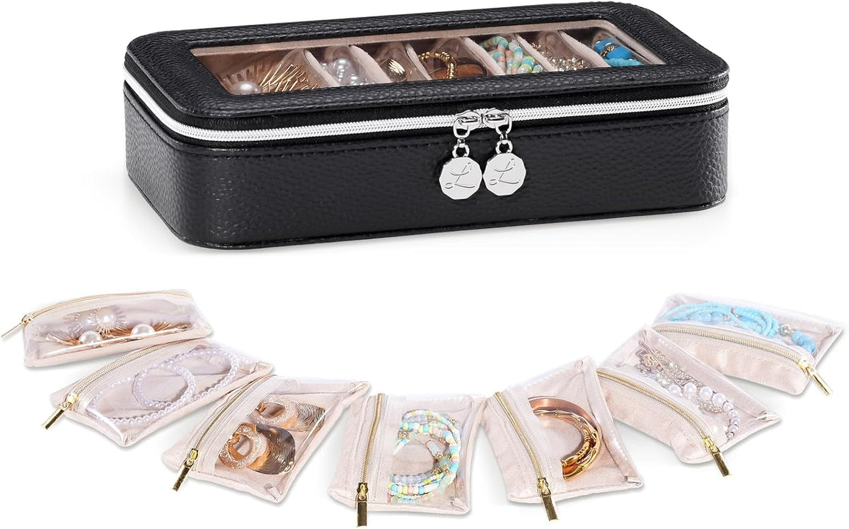 8 in 1 Travel Jewelry Case with Velvet Pouches, Clear Window Travel Jewelry Organizer Bags for Earrings, Bracelets, Necklaces and Rings, Compact Jewelry Storage for Women Girls- Black, 7PCS