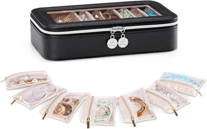 8 in 1 Travel Jewelry Case with Velvet Pouches, Clear Window Travel Jewelry Organizer Bags for Earrings, Bracelets, Necklaces and Rings, Compact Jewelry Storage for Women Girls- Black, 7PCS