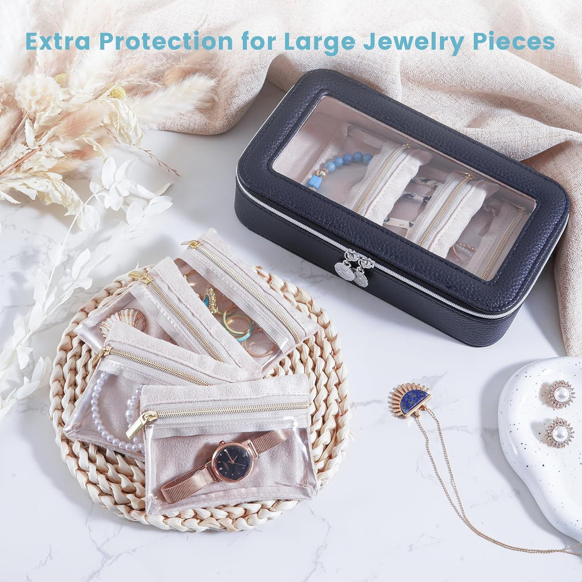 8 in 1 Travel Jewelry Case with Velvet Pouches, Clear Window Travel Jewelry Organizer Bags for Earrings, Bracelets, Necklaces and Rings, Compact Jewelry Storage for Women Girls- Black, 7PCS
