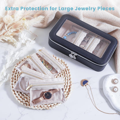 8 in 1 Travel Jewelry Case with Velvet Pouches, Clear Window Travel Jewelry Organizer Bags for Earrings, Bracelets, Necklaces and Rings, Compact Jewelry Storage for Women Girls- Black, 7PCS