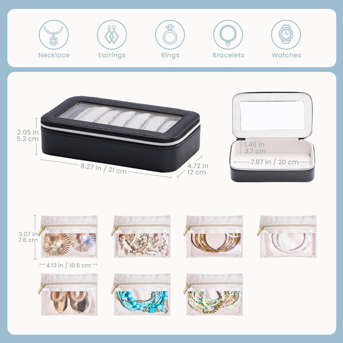 8 in 1 Travel Jewelry Case with Velvet Pouches, Clear Window Travel Jewelry Organizer Bags for Earrings, Bracelets, Necklaces and Rings, Compact Jewelry Storage for Women Girls- Black, 7PCS