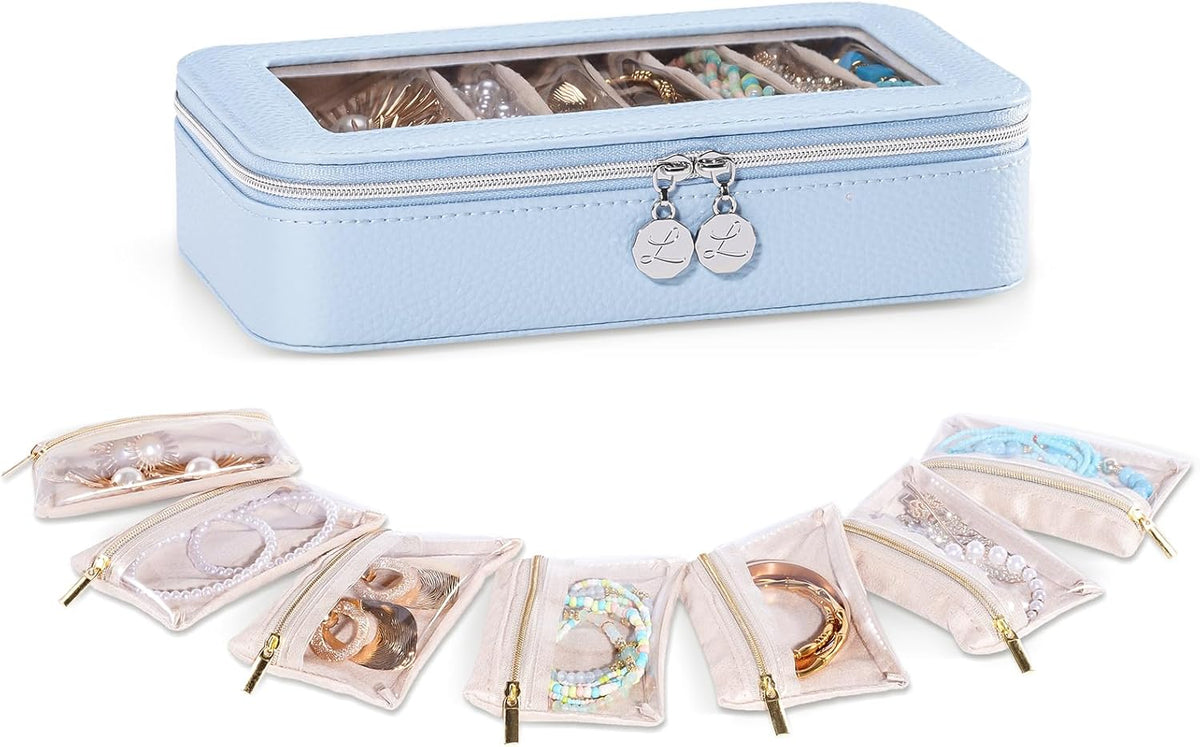 8 in 1 Travel Jewelry Case with Velvet Pouches, Clear Window Travel Jewelry Organizer Bags for Earrings, Bracelets, Necklaces and Rings, Compact Jewelry Storage for Women Girls- Black, 7PCS