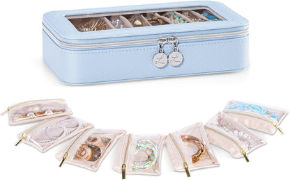 8 in 1 Travel Jewelry Case with Velvet Pouches, Clear Window Travel Jewelry Organizer Bags for Earrings, Bracelets, Necklaces and Rings, Compact Jewelry Storage for Women Girls- Black, 7PCS