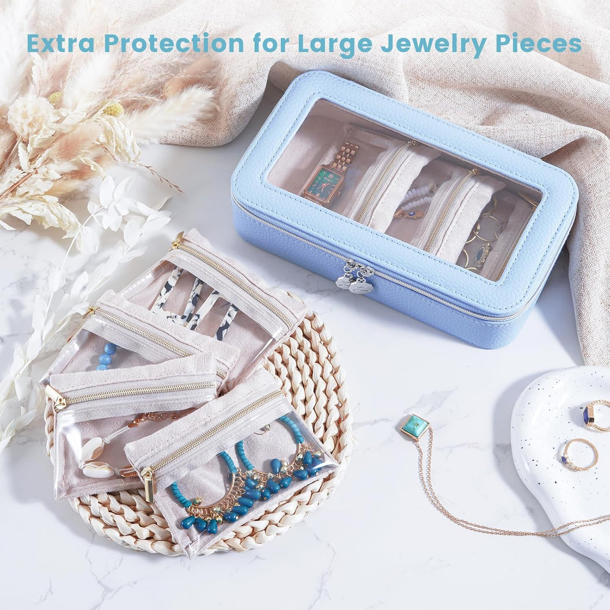 8 in 1 Travel Jewelry Case with Velvet Pouches, Clear Window Travel Jewelry Organizer Bags for Earrings, Bracelets, Necklaces and Rings, Compact Jewelry Storage for Women Girls- Black, 7PCS