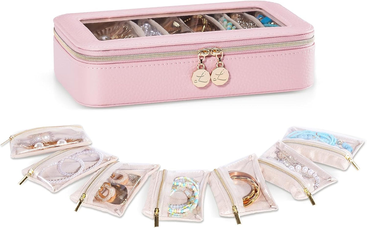 8 in 1 Travel Jewelry Case with Velvet Pouches, Clear Window Travel Jewelry Organizer Bags for Earrings, Bracelets, Necklaces and Rings, Compact Jewelry Storage for Women Girls- Black, 7PCS