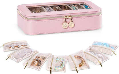 8 in 1 Travel Jewelry Case with Velvet Pouches, Clear Window Travel Jewelry Organizer Bags for Earrings, Bracelets, Necklaces and Rings, Compact Jewelry Storage for Women Girls- Black, 7PCS