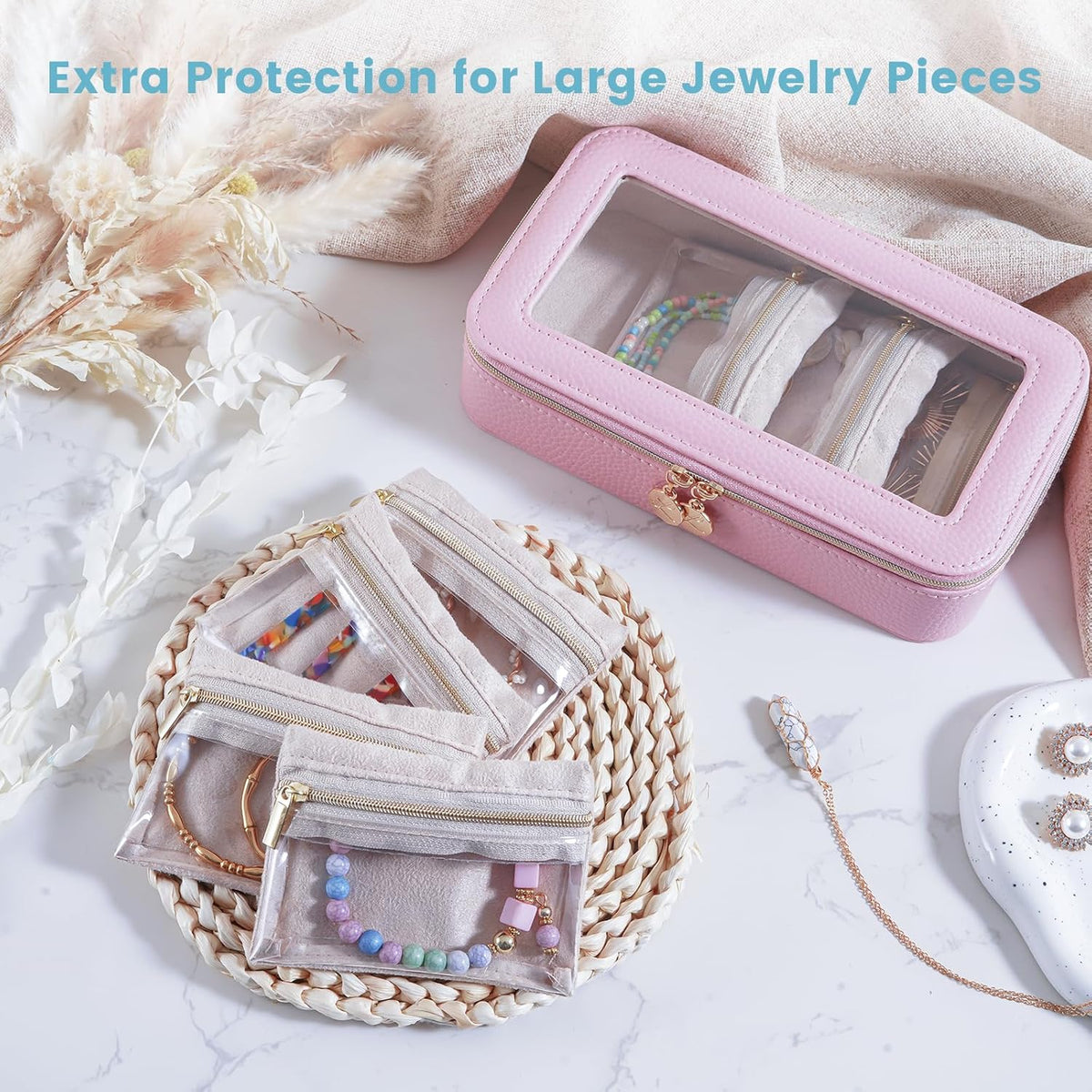8 in 1 Travel Jewelry Case with Velvet Pouches, Clear Window Travel Jewelry Organizer Bags for Earrings, Bracelets, Necklaces and Rings, Compact Jewelry Storage for Women Girls- Black, 7PCS