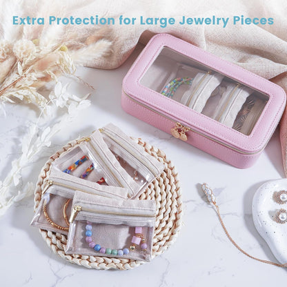 8 in 1 Travel Jewelry Case with Velvet Pouches, Clear Window Travel Jewelry Organizer Bags for Earrings, Bracelets, Necklaces and Rings, Compact Jewelry Storage for Women Girls- Black, 7PCS