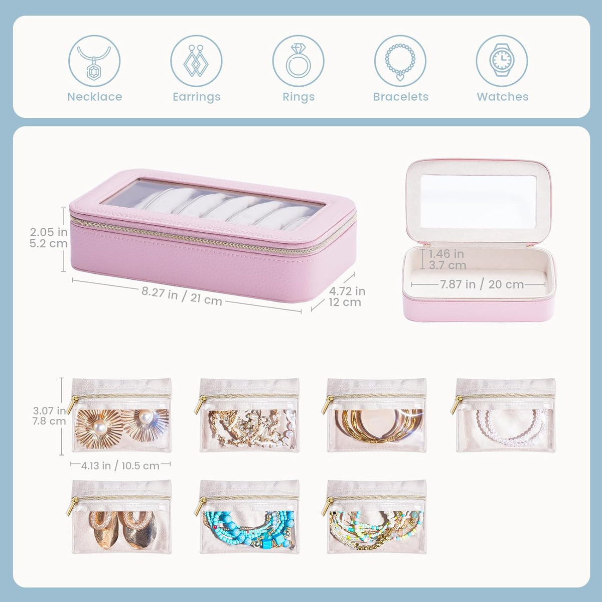 8 in 1 Travel Jewelry Case with Velvet Pouches, Clear Window Travel Jewelry Organizer Bags for Earrings, Bracelets, Necklaces and Rings, Compact Jewelry Storage for Women Girls- Black, 7PCS