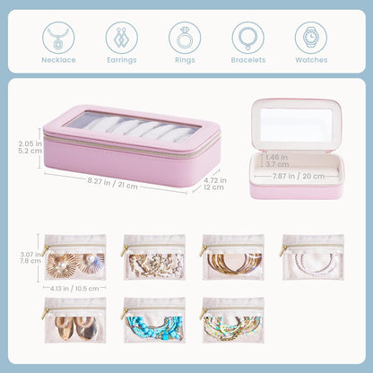 8 in 1 Travel Jewelry Case with Velvet Pouches, Clear Window Travel Jewelry Organizer Bags for Earrings, Bracelets, Necklaces and Rings, Compact Jewelry Storage for Women Girls- Black, 7PCS