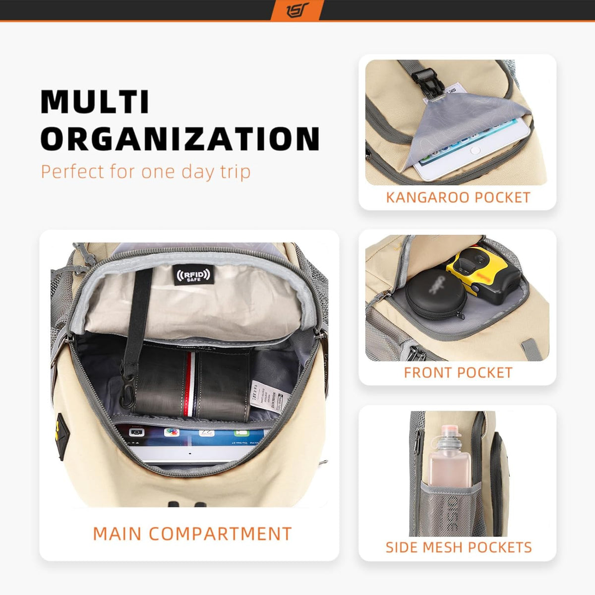 Sling Bag RFID Crossbody Sling Backpack Cross Body Shoulder Bag Travel Hiking Daypack for Women Men(Beige)