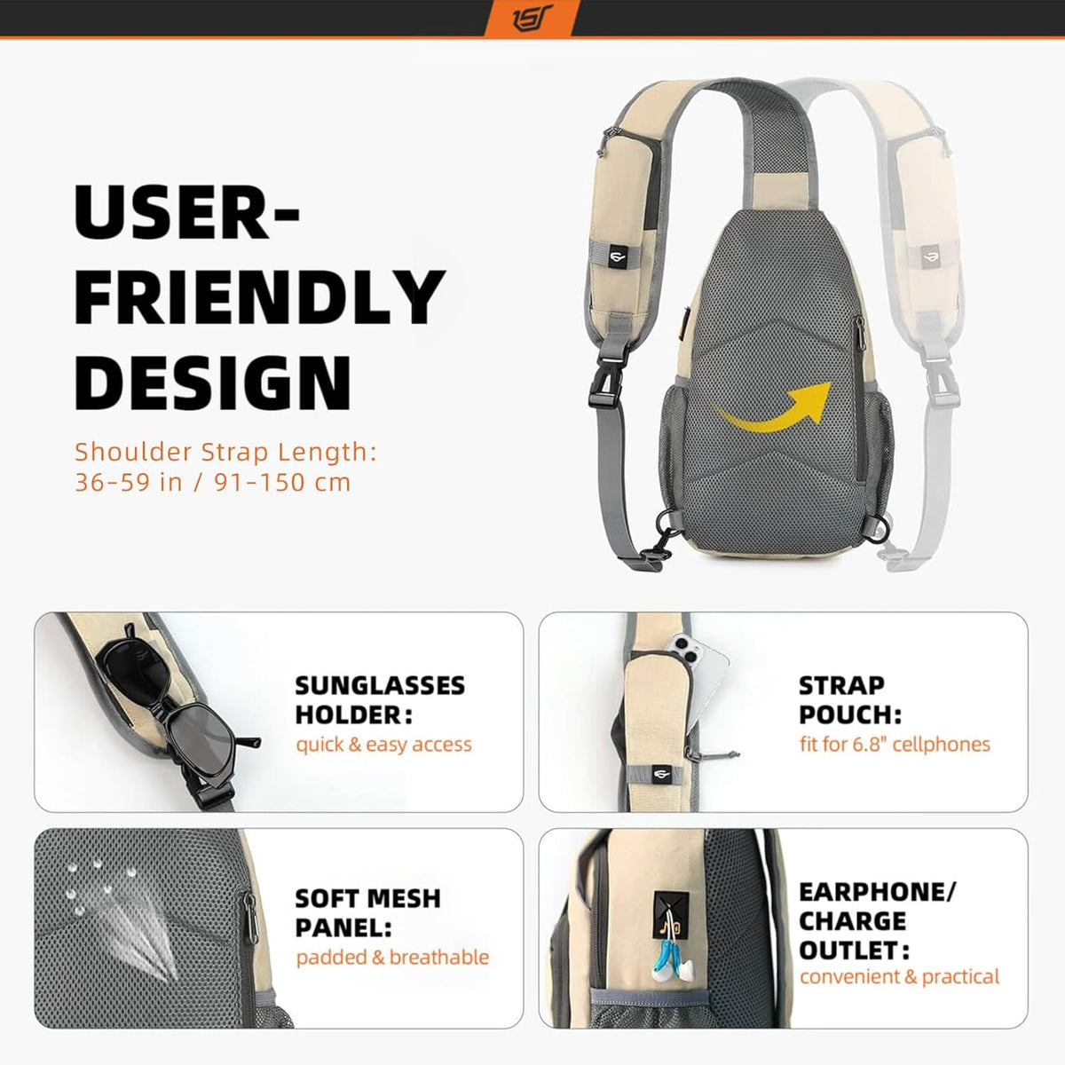 Sling Bag RFID Crossbody Sling Backpack Cross Body Shoulder Bag Travel Hiking Daypack for Women Men(Beige)
