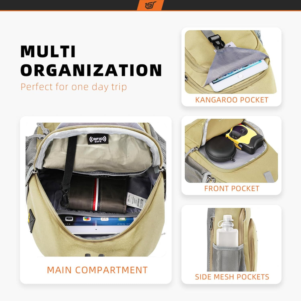 Sling Bag RFID Crossbody Sling Backpack Cross Body Shoulder Bag Travel Hiking Daypack for Women Men(Beige)