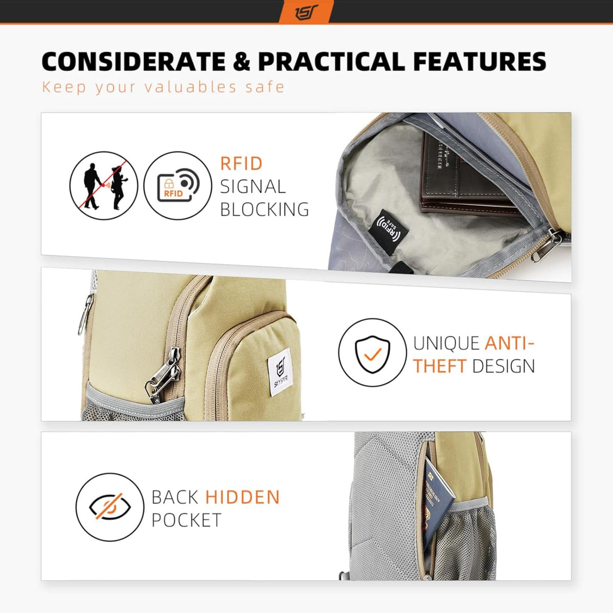 Sling Bag RFID Crossbody Sling Backpack Cross Body Shoulder Bag Travel Hiking Daypack for Women Men(Beige)