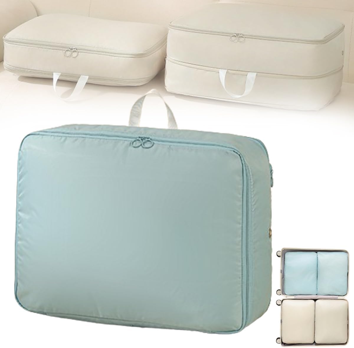 Ultra Space Saving Self Compression Organizer, Portable Heavy Duty Moving Bags, Compression Packing Cubes for Travel, Large Capacity Foldable Clothes Storage Bag with Zipper (Grey Blue, Small)