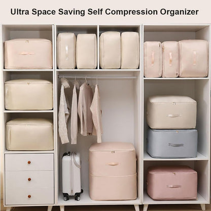 Ultra Space Saving Self Compression Organizer, Portable Heavy Duty Moving Bags, Compression Packing Cubes for Travel, Large Capacity Foldable Clothes Storage Bag with Zipper (Grey Blue, Small)